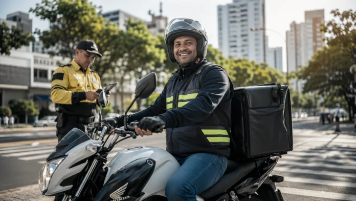 Motociclista profissional com capacete e mochila de entrega aparece em rua urbana, representando novas regras para mototaxistas em Rondônia.