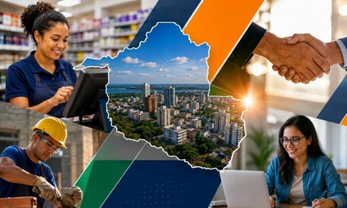 Oportunidades de trabalho em Rondônia são representadas por trabalhadores, plataforma digital e mapa do estado