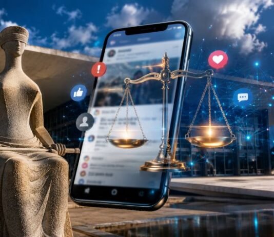 STF cria proteção para plataformas em casos de conteúdo ilícito Montagem mostra sede do STF, smartphone e símbolos de redes sociais durante debate sobre conteúdo digital