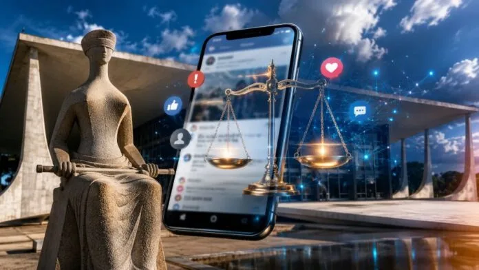 Montagem mostra sede do STF, smartphone e símbolos de redes sociais durante debate sobre conteúdo digital