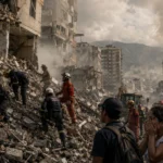 Terremotos deixam 188 mortos e mobilizam resgate na Venezuela Equipes de resgate trabalham entre escombros após terremotos na Venezuela com moradores observando a destruição