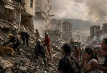 Terremotos deixam 188 mortos e mobilizam resgate na Venezuela Equipes de resgate trabalham entre escombros após terremotos na Venezuela com moradores observando a destruição