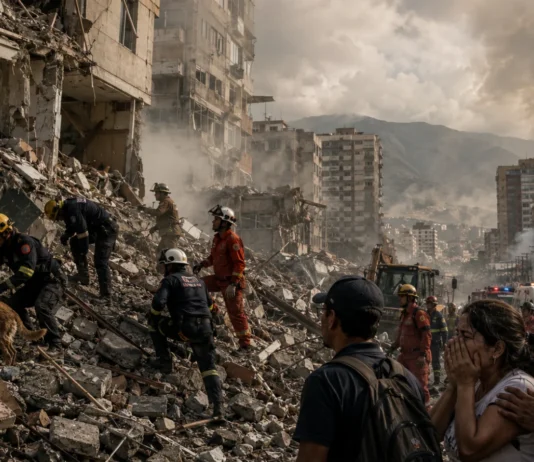 Terremotos deixam 188 mortos e mobilizam resgate na Venezuela Equipes de resgate trabalham entre escombros após terremotos na Venezuela com moradores observando a destruição