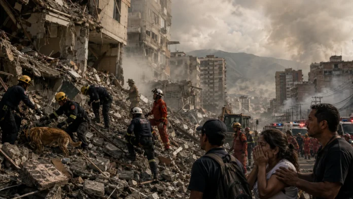 Equipes de resgate trabalham entre escombros após terremotos na Venezuela com moradores observando a destruição
