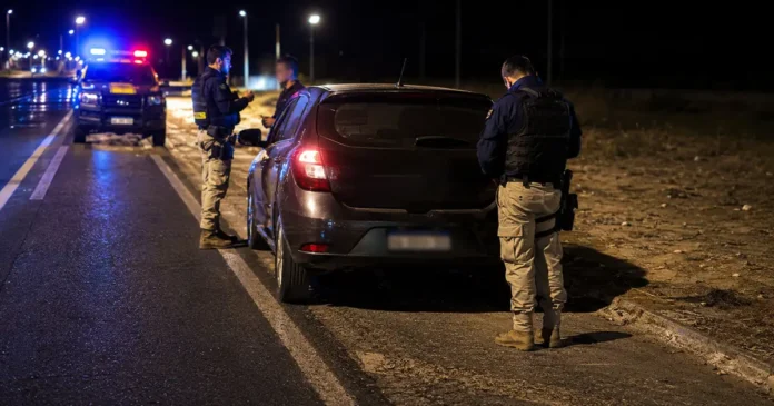 Adulteração de placa é investigada pela PRF durante fiscalização noturna em rodovia federal.