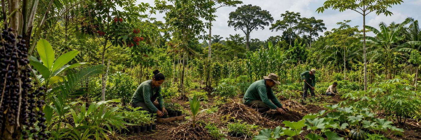 Trabalhadores realizam manejo de mudas em área agroflorestal amazônica, com vegetação diversa e solo em recuperação.
