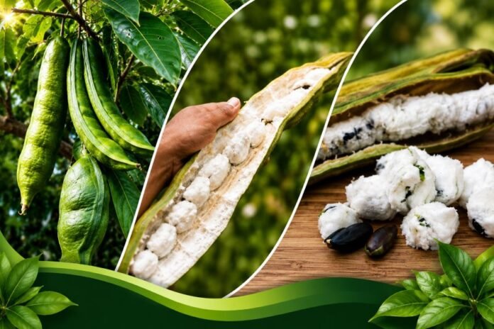 Montagem mostra vagem do ingá-açu na árvore, fruto aberto e polpa branca típica da fruta amazônica