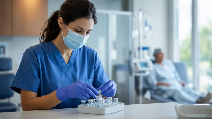 Medicamento contra câncer em ambiente hospitalar seguro Profissional de saúde confere medicamento contra câncer em ambiente hospitalar seguro e humanizado