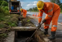DNIT reforça limpeza de drenagem em rodovias federais de Rondônia Equipe do DNIT faz limpeza de drenagem em rodovias federais em Rondônia durante ação preventiva de conservação.