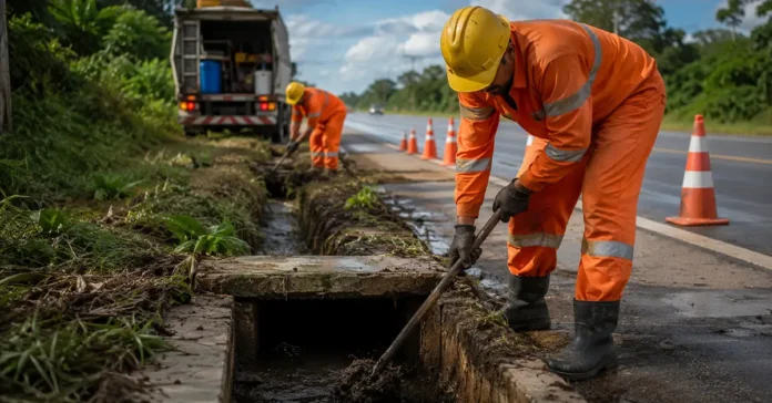 Equipe do DNIT faz limpeza de drenagem em rodovias federais em Rondônia durante ação preventiva de conservação.