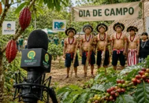 RuralCast leva estúdio de gravação ao Dia de Campo Paiter Suruí e transforma produção indígena em conteúdo para Rondônia RuralCast Paiter Suruí registra Dia de Campo com microfone, café e cacau em Cacoal