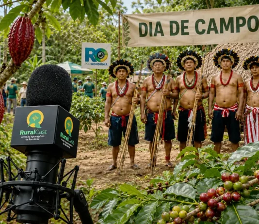 RuralCast leva estúdio de gravação ao Dia de Campo Paiter Suruí e transforma produção indígena em conteúdo para Rondônia RuralCast Paiter Suruí registra Dia de Campo com microfone, café e cacau em Cacoal