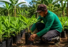 Pregão prevê mudas de banana para produtores do Baixo Madeira Produtor rural cuida de muda de banana em viveiro no Baixo Madeira