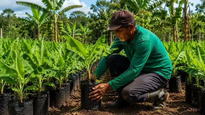 Produtor rural cuida de muda de banana em viveiro no Baixo Madeira