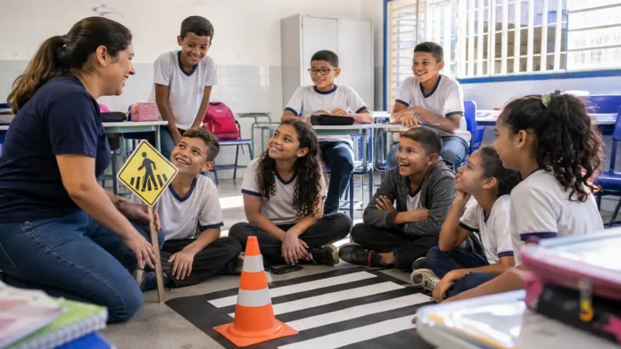 Agente mirim do trânsito inicia nova turma em Porto Velho Agente mirim no trânsito inicia nova turma em Porto Velho com aula prática de educação viária em sala de aula.