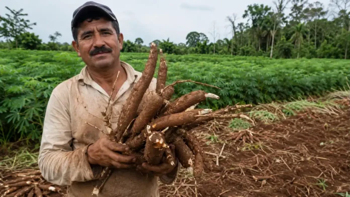 Agricultor familiar segura mandioca em Rondônia em matéria sobre PGPAF em Rondônia