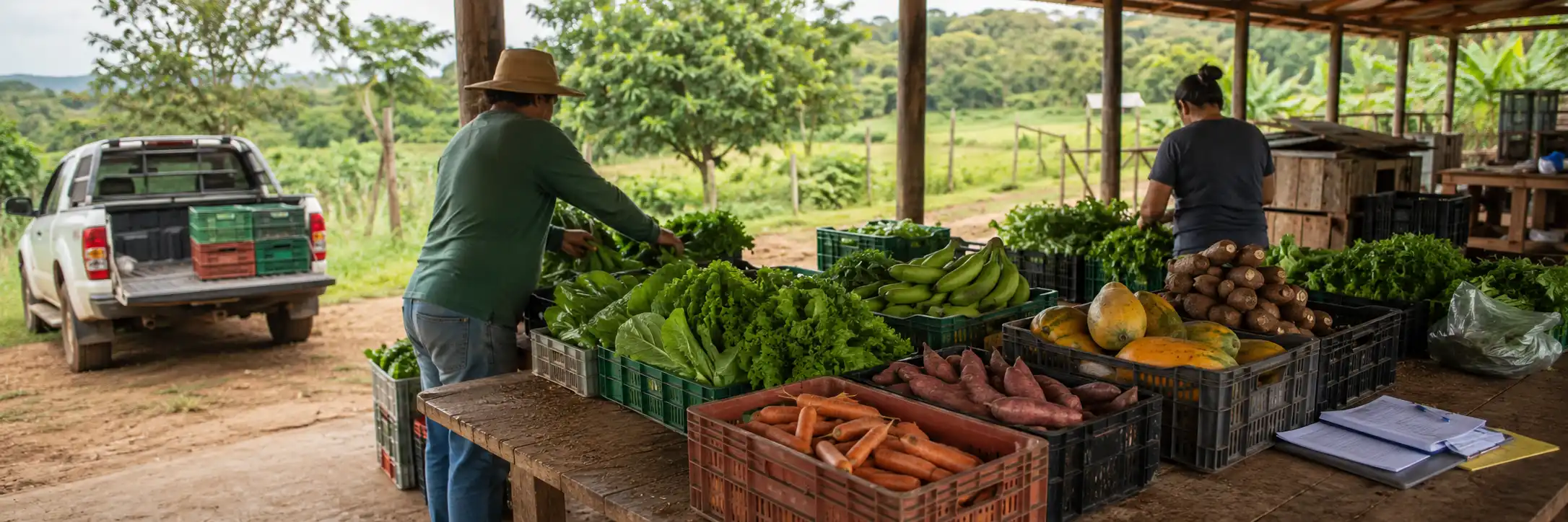 Agricultores organizam caixas de alimentos para possível fornecimento ao PAA Primavera de Rondônia.