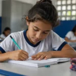 Rondônia alcança 74% de crianças alfabetizadas e fica entre os quatro melhores do país Criança escreve em caderno durante atividade escolar em sala de aula pública, representando o avanço da alfabetização em Rondônia.