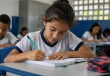Rondônia alcança 74% de crianças alfabetizadas e fica entre os quatro melhores do país Criança escreve em caderno durante atividade escolar em sala de aula pública, representando o avanço da alfabetização em Rondônia.