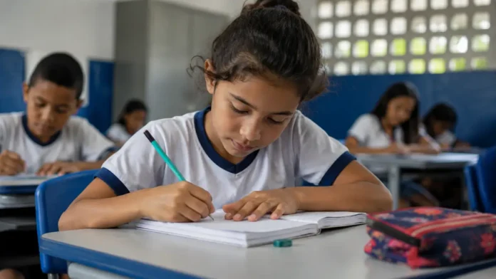 Criança escreve em caderno durante atividade escolar em sala de aula pública, representando o avanço da alfabetização em Rondônia.
