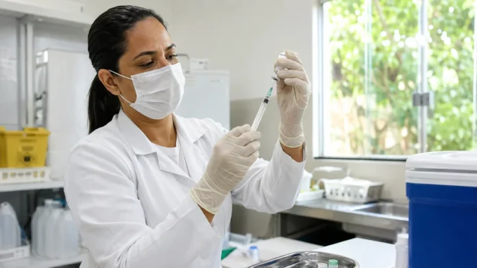 Profissional prepara imunizante após atualização da composição das vacinas contra Covid-19
