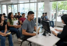 Sine leva 85 vagas a mutirão de empregos em Porto Velho Candidatos participam do Mutirão de Empregos com currículos em mãos durante atendimento do Sine em Porto Velho