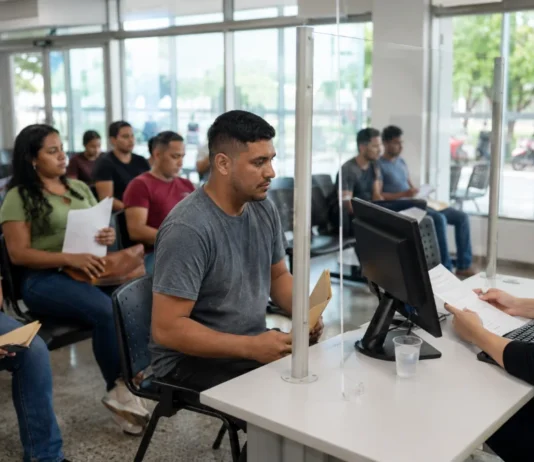 Sine leva 85 vagas a mutirão de empregos em Porto Velho Candidatos participam do Mutirão de Empregos com currículos em mãos durante atendimento do Sine em Porto Velho