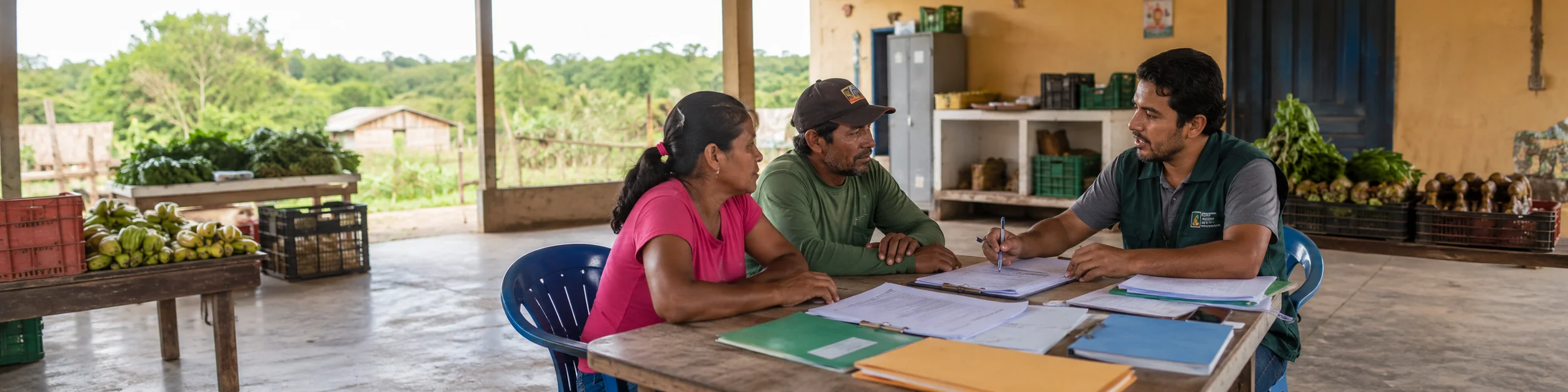 Agricultores recebem orientação sobre o Cadastro da Agricultura Familiar em uma área de produção rural.