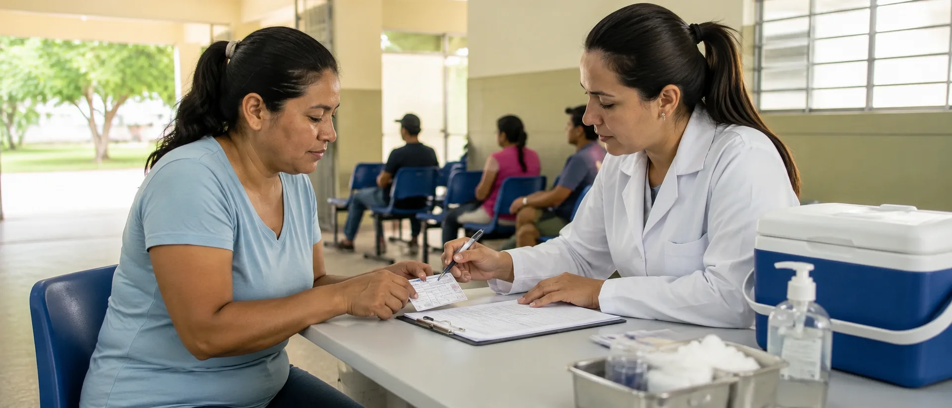 Atendimento para vacinação contra gripe em Rondônia Profissional confere documento de uma usuária durante atendimento da vacinação contra gripe em Rondônia.