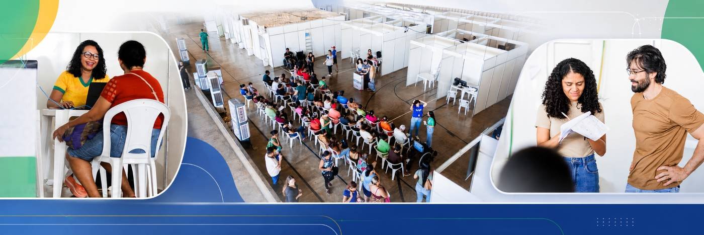 Montagem mostra ação de cidadania com atendimentos do INSS em Porto Velho, filas organizadas e orientação ao público