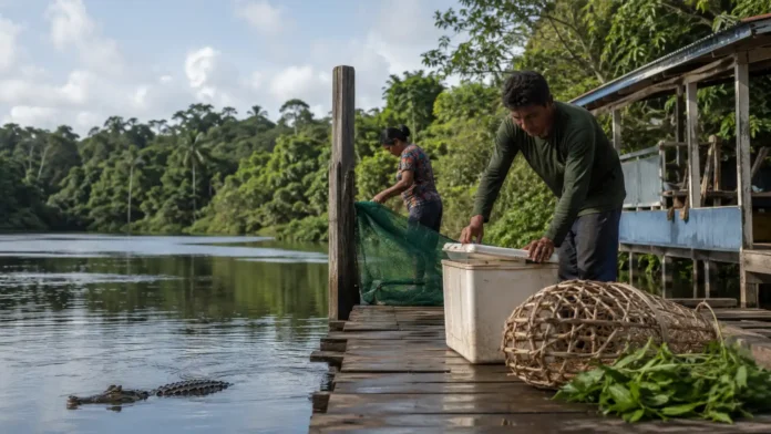 Comunidade ribeirinha em cenário amazônico relacionado ao manejo sustentável da carne de jacaré do Cuniã.