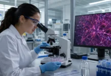 Células da retina cultivadas em laboratório mostram avanço contra perda de visão Laboratório moderno representa pesquisa experimental com células da retina e medicina regenerativa