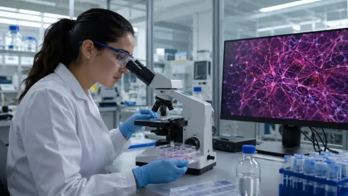 Laboratório moderno representa pesquisa experimental com células da retina e medicina regenerativa