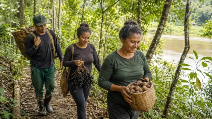 Família tradicional em floresta amazônica preservada representa o Floresta+ Amazônia em Rondônia