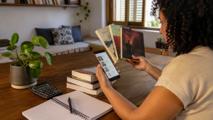 Pessoa organiza livros e orçamento doméstico ao planejar a compra de livros.