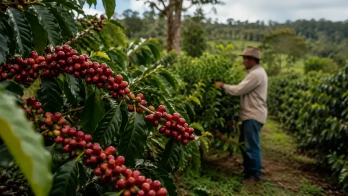 Cachos maduros de café robusta amazônico em lavoura de Rondônia para matéria sobre o ConCafé Rondônia