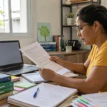 Guajará-Mirim abre concurso da Educação com 107 vagas Candidata consulta edital do concurso da Educação de Guajará-Mirim em ambiente de estudo