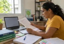 Guajará-Mirim abre concurso da Educação com 107 vagas Candidata consulta edital do concurso da Educação de Guajará-Mirim em ambiente de estudo