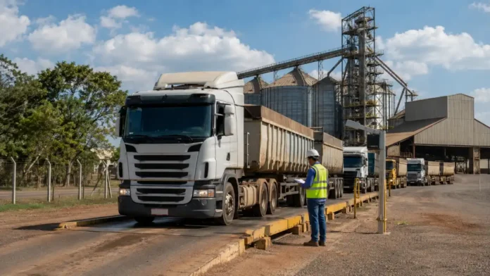 Excesso de peso é controlado durante pesagem de caminhão graneleiro em Rondônia