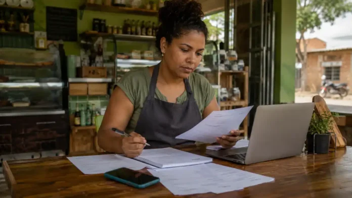 Microempreendedor organiza documentos em pequeno negócio para consultar Desenrola MEI em Rondônia pelo Regularize