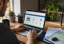 Emplacamento Digital permite registrar veículo novo sem sair de casa em Rondônia Pessoa acessa serviço online de trânsito em notebook, com documentos e chave de veículo ao lado, representando emplacamento digital em Rondônia.