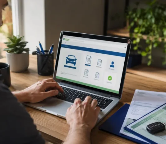 Emplacamento Digital permite registrar veículo novo sem sair de casa em Rondônia Pessoa acessa serviço online de trânsito em notebook, com documentos e chave de veículo ao lado, representando emplacamento digital em Rondônia.