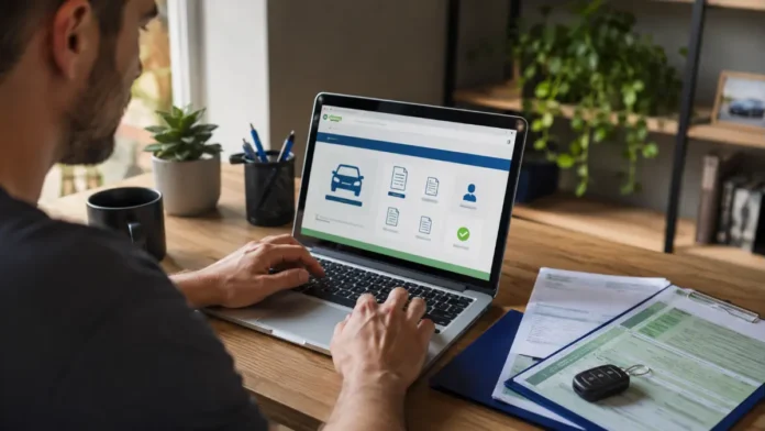 Pessoa acessa serviço online de trânsito em notebook, com documentos e chave de veículo ao lado, representando emplacamento digital em Rondônia.