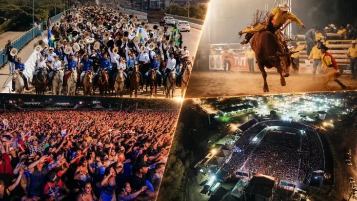 Montagem jornalística mostra cavalgada, rodeio, show e vista aérea de grande público na Expojipa em Ji-Paraná.