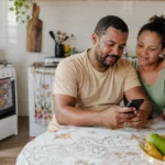 Famílias de Rondônia devem conferir vale do Gás do Povo de julho Família brasileira em cozinha simples consulta celular sobre o Gás do Povo em Rondônia