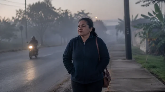 Mulher usando agasalho em manhã fria com neblina leve durante previsão de friagem em Rondônia pelo INMET