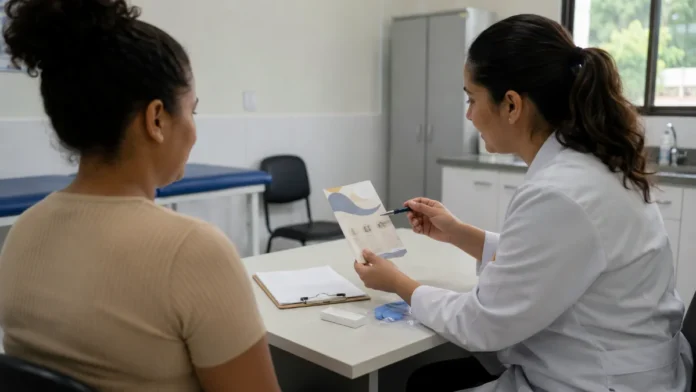 Profissional de saúde orienta paciente sobre prevenção e testagem de hepatites virais em Rondônia.