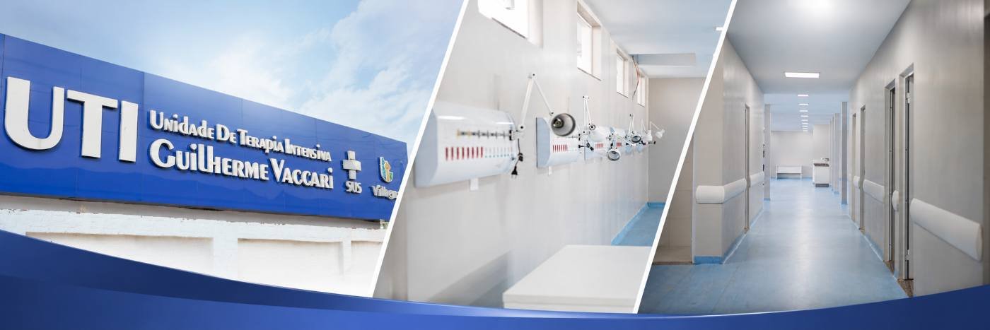 Montagem em faixa mostra fachada da UTI Guilherme Vacari e corredores modernizados da nova ala do Hospital Regional de Vilhena