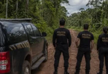 PF apura madeira e minério ilegais em terras indígenas de Rondônia Viatura da Polícia Federal em estrada amazônica próxima a terras indígenas de Rondônia durante operação ambiental