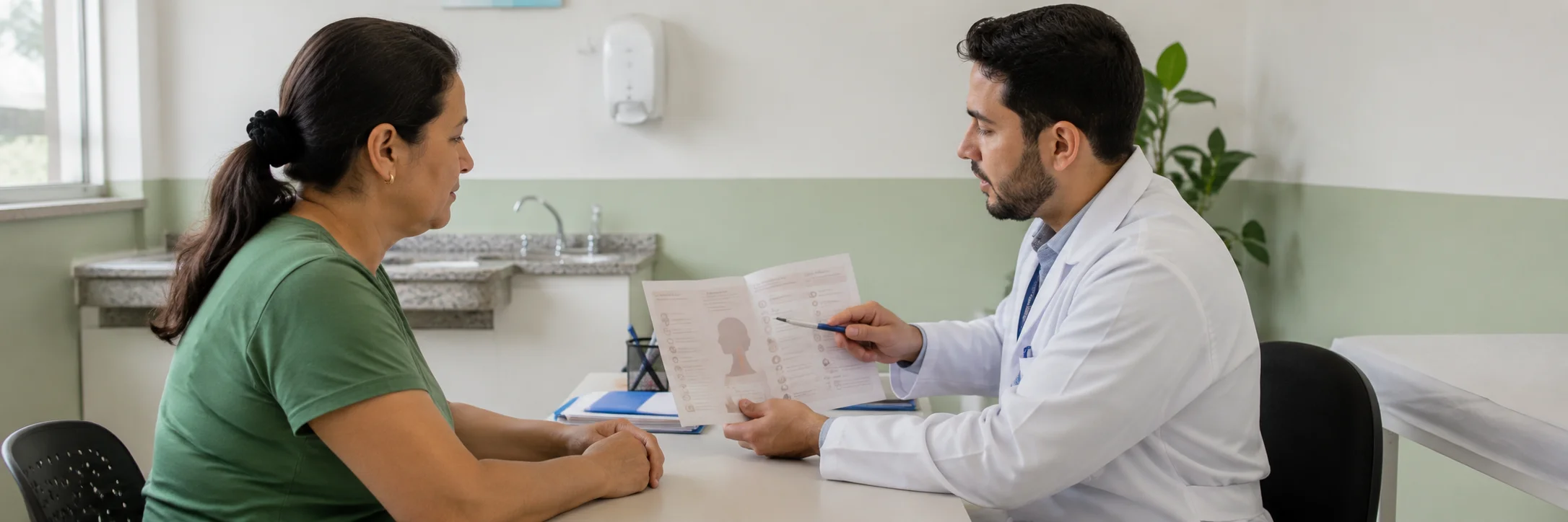Profissional de saúde conversa com paciente sobre prevenção do câncer de cabeça e pescoço.